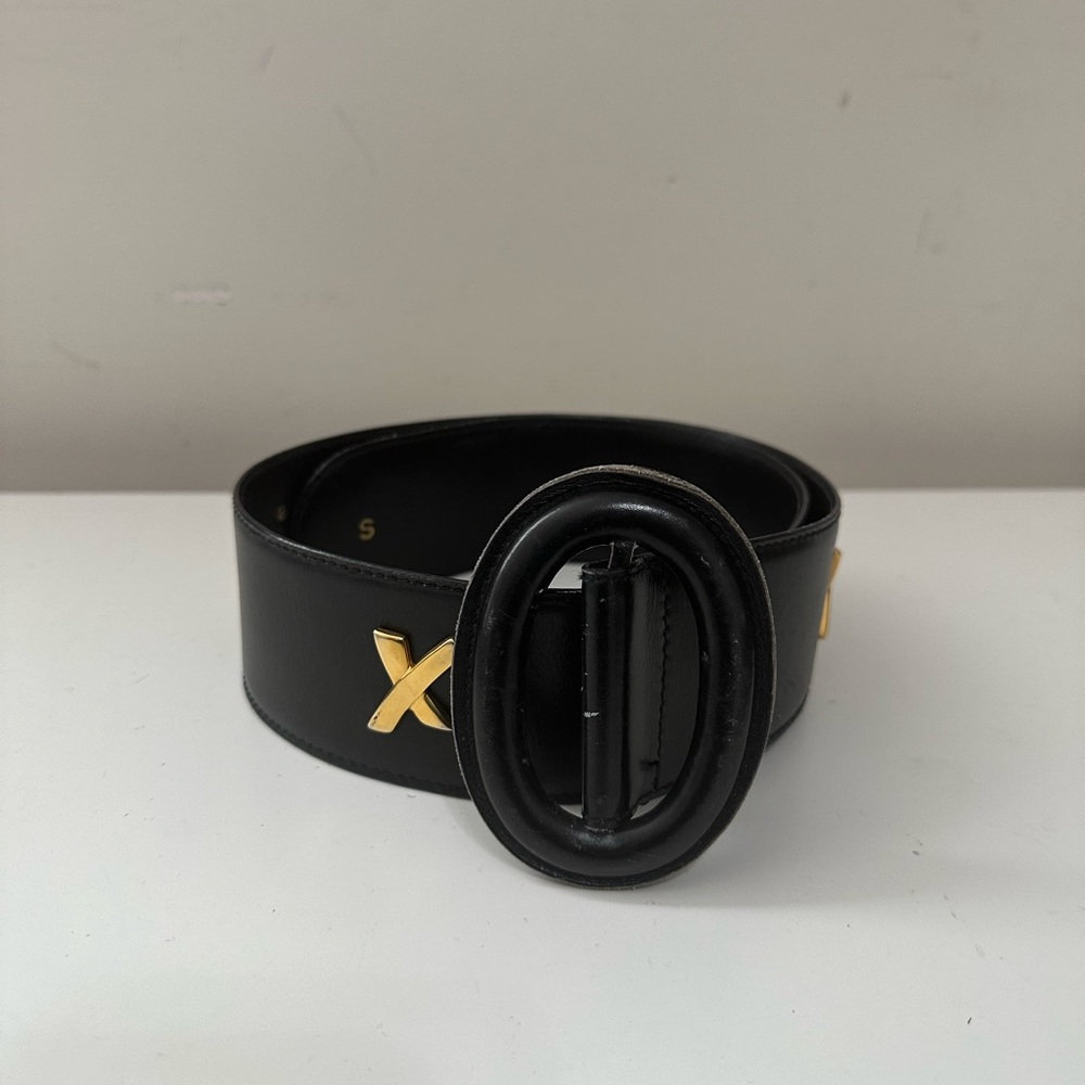 Vintage Paloma Picasso Black Leather Wide Waist Belt Gold Tone X Hardware Size S - Picture 3 of 11